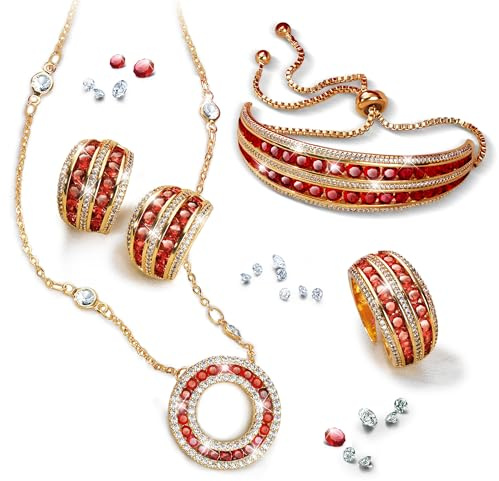 Conjunto GLAMOUR DE RUBI 4 Joyas para mujer: Colgante + Cadena, Pendientes, Pulsera y Anillo, bañadas en Oro de 1ª Ley 18K y con casi 500 Circonitas. Ideal para regalo. Con Pañuelo de diseño para ti