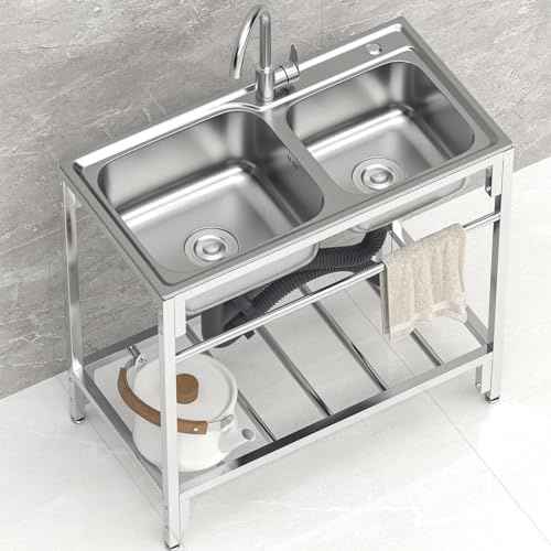 Lavello da cucina a doppia vasca, in acciaio inox 304, con ripiano portaoggetti, lavello autoportante per esterni, con rubinetto, per lavanderia, 83 x 44 x 85 cm