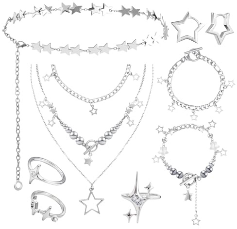 Tazuxetuqe Silber Stern Halsband Y2K Smyckeset Grunge Kedjor Stack Söt Stjärna Hänge Bälte Estetisk Gotisk Emo Accessoarer Alternativa Smycken för Flickor, Kvinnor