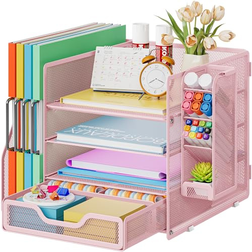 Marbrasse Mesh Desk Organiser,4-Tier Desk File Holder and Drawer,Multifunctional Desktop Paper Letter Tray with Pen Holder,Desktop Storage Organiser for Office Home and School (Pink)