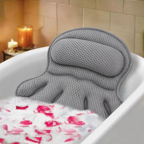 Bath Pillow for Tub, 4D Breathable Mesh with 12 Suction Cups Hook Gray | Non Slip Bathtub Pillow, Air Mesh Bath Cushion, Comfortable Bathtub Cushion, Spa Pillow, for Jacuzzi Hot Tub