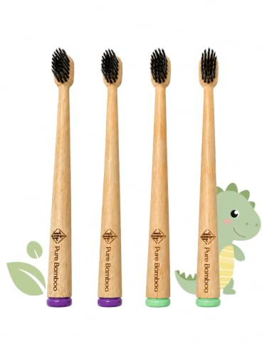 Pure Bamboo - 4 cepillos de dientes de bambú para niños, cepillos dentales infantiles ecológicos con mango de bambú natural y diseño ergonómico