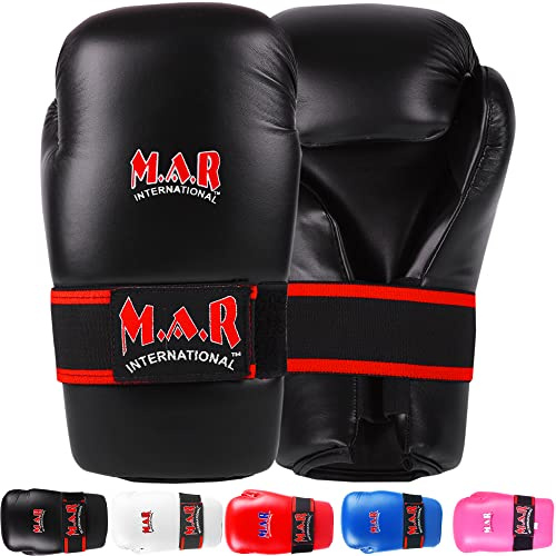 MAR | Black Karate Bag Gloves with Grip Bar, Semi-Contact Gloves Rex Leather Mitts, Elasticated Finger Protection for Kickboxing, Muay Thai, MMA, & Taekwondo - Unisex, Adults/Kids (Small)