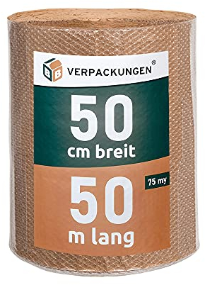 BB-Verpackungen 1 x Luftpolsterfolie 0,5 x 50 m papierkaschiert (75 my stark, Schutz von empfindlichen Gegenständen) - Sets zwischen 1 und 4 Rollen