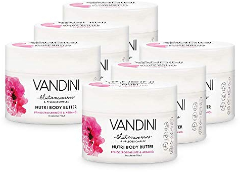 VANDINI Nutri Body Butter Damen mit Pfingstrosenblüte & Arganöl - Body Creme als Körpercreme & Gesichtscreme für trockene Haut - vegane Body Creme für Frauen im 6er Pack (6x 200 ml)