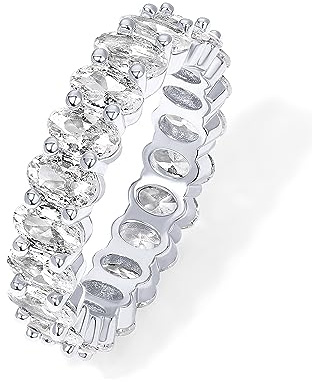 PAVOI Rhodium Plated Oval Cubic Zirconia Stone Love Ring - 5mm Thick Stackable Bands for Women - Statement Jewelry Gold Eternity Rings for Women, Size 7