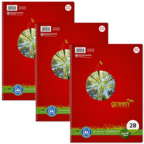 Staufen Ursus Style Collegeblock, 3 Stück, DIN A4, Lineatur 28 (kariert mit Randlinien), 160 Blatt, 4-fach Lochung, premiumweißes 70g/m² Recyclingpapier, Green