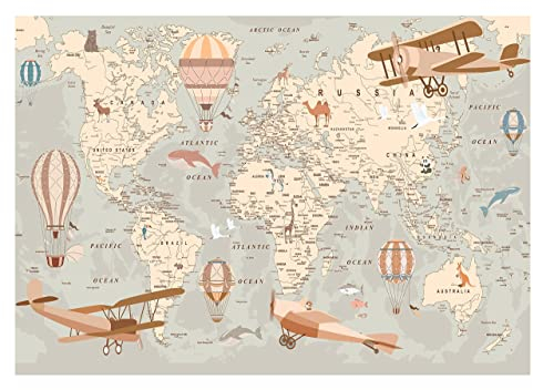 WallArena - Vlies Fototapete Kinderzimmer 416x254 cm Weltkarte Kinder Mädchen Jungen für Kinder - Fototapeten Tapeten für Kinder Kindertapete - Vliestapete Wandtapete Tapete 3D Effekt