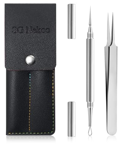 SGNEKOO Professional Facial Milia Removal Tool and Whitehead Extractor,Titanium Alloy Double Ended Needle and Steel Tweezers Kit,Blackhead,Blemish,Zit and Pimple Acne Remover Popper (Stainless Silver)