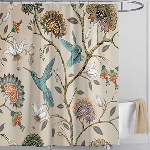 LIVETTY Off White Birds Floral Shower Curtain 180×180cm with 12 Hooks Mould Proof Floral Shower Curtain Fabric Bathroom Curtain Washable Quick-Drying