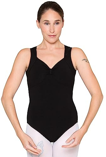 tanzmuster Ballett Trikot Damen ärmellos - Melinda - Baumwolle - BH-Pad-Einschub - geraffter Ausschnitt - schwarz 38 - schwarzer Tanz Body - Ballettkleidung für Erwachsene