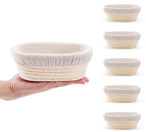 DOYOLLA Mini Oval Proofing Set (6.5inch, set of 5), Sourdough Proofing Baskets Bread Dough Rising Bowls w/Liners for Home Sourdough Bakers Baking