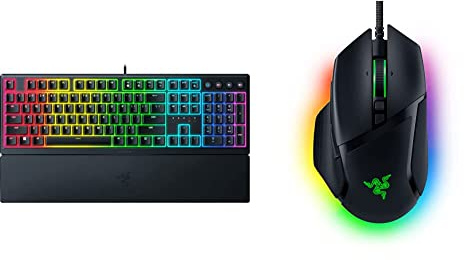 Razer Ornata V3 - Low-profile Mecha-membrane Keyboard Chroma RGB (Hybrid Mecha-Membrane Switch, Ergonomic Wrist Rest) UK Layout | Black & Basilisk V3 - Wired Customisable Gaming Mouse Black