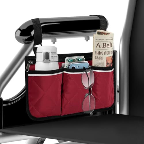 Borsa laterale per sedia a rotelle, con tasche, impermeabile, per sedia a rotelle, con strisce riflettenti, universale, per camminatori, deambulatori, scooter (rosso)