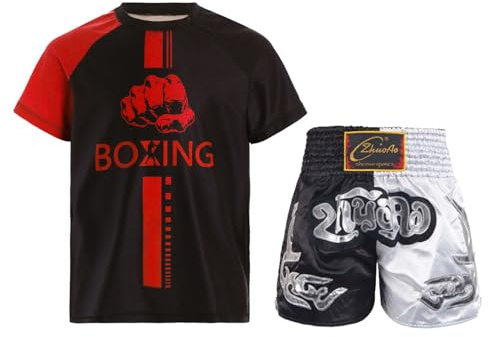 Oyolan Barn pojke boxning shorts och T-shirt boxningsset kampboxningsset Muay Thai MMA sparkar boxning outfit, Röd, svart och vit, 11-12 ans