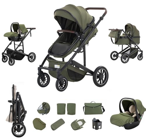 Zkiprm 3-in-1 Pushchair, Baby Prams with Seat, Pushchair with Height Adjustable Handle | Frost and Sun-Proof Gloves Stroller Set | Complete Accessories for 0-4 Newborn Green