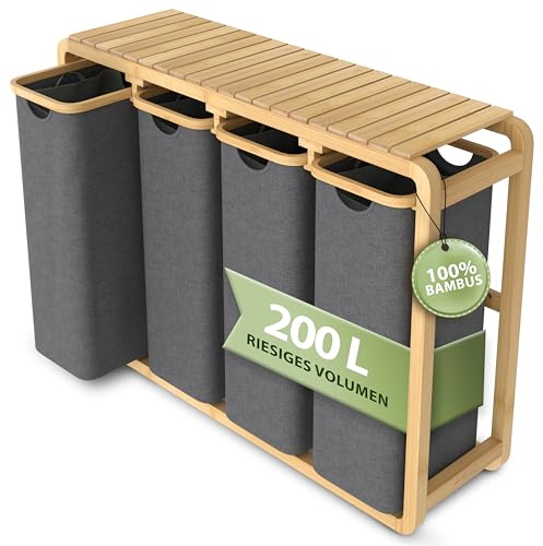 AMBIAVO® Panier à linge 4 compartiments gris 200 l - Design peu encombrant - 50 l par compartiment - Construction robuste en bambou - Surface de rangement - Sacs à linge amovibles et lavables