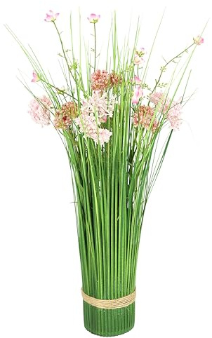 Konstgjord gräslinning med blommor, gräsarrangemang, gräsbuske, gräsbussla, dekoration, bunt konstgjorda blommor, stående gräs, konstgräs, gräs, bunt, grön växt, växt, prydnadsgräs, buskar