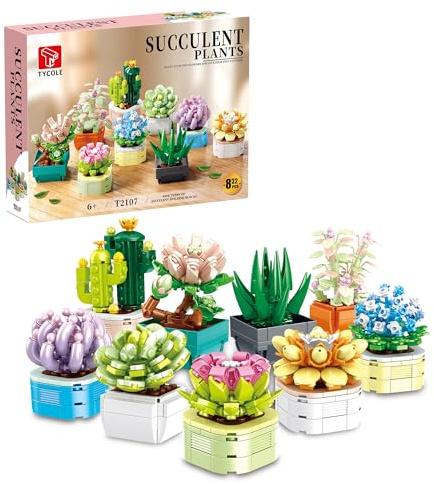 TYCOLE Ensemble de 9 en 1 de Petites Fleurs et Plantes Succulentes Artificielles–Jouet de Construction Botanique, Décoration de Bureau et de Maison, Cadeau pour Adultes et Enfants de Ans (832 Pièces)