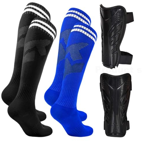 Marjoramy 2 Pairs Kids Football Socks with Shin Guards 4-12 Years – Long Breathable Soccer Socks & Shin Pads Set for Boys & Girls | Youth Football Training Sock, Cushioned Knee-High Sports Sock