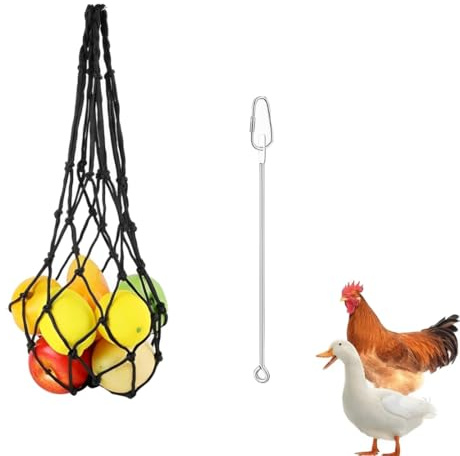 GNHG 2 Pezzi Mangiatoia Sospesa per Galline Polli Uccelli, Rete per Frutta Verdura e Catena Spiedino Acciaio Inox, Giocattolo Alimentare per Pollaio, Snack Appesi per Pollame, Accessori per Pollai