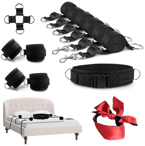 BDSMAGE Ensemble SM Bondage, Ensemble de lit, Kit de contention, Menottes, Entraves de cheville, Ceinture de hanches, Masque pour les yeux, Accessoires BDSM pour couples