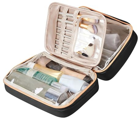 Travel Makeup Bag Portable Cosmetic Bag with Makeup Brush Organiser Large Capacity Make up Case Water-Resistant Toiletry Bag for Women Flat Lay Vanity Bags Travel Essentials - Large Black