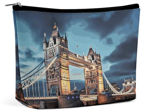 Travel Makeup Bags PU Leather Tower Bridge in London Cosmetic Bag with Zipper Large Toiletry Bag for Women Waterproof Portable Makeup Case Organizer Cute Zipper Pouch Make Up Bags