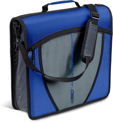 Case-it The Mighty Zip Tab Zipper Binder - 3 Inch O-Rings - 5 Color Tab Expanding File Folder - Multiple Pockets - 600 Sheet Capacity - Comes with Shoulder Strap - Blue D-146