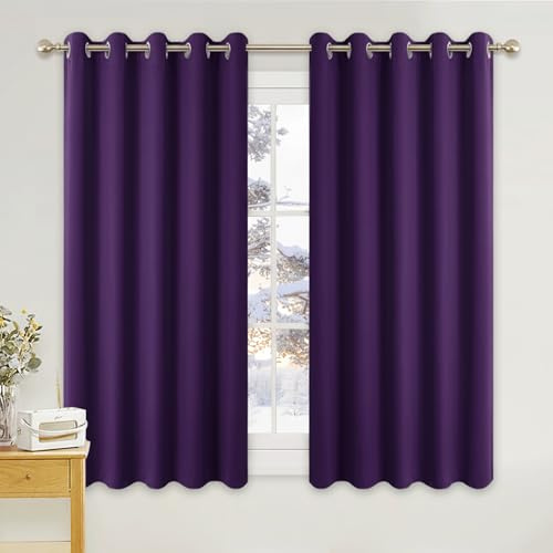 PONY DANCE Blackout Eyelet Curtains, Purple, 2 Panels, 66 x 54 Inch | Thermal Insulated 54 Inch Drop Wide Curtains for Bedroom, Energy Saving & Room Darkening Drapes for Living Room