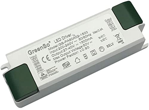 GreenSo 60W LED Driver Power Supply 200-240Vac to 27-40Vdc 1500mA Constant Current, Transformer for Recessed Ceiling Flat LED Panel Lights 60x60, 120x30, 120x60cm, GS-PA60A02-1500, TUV CE CB