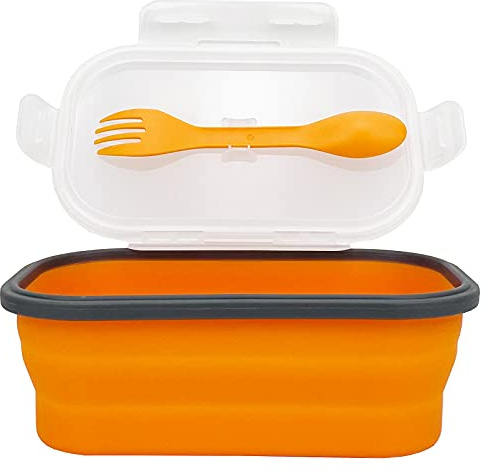 Silicone Lunch Container Bento Box, Collapsible Food Storage Containers with Airtight Lids and 2in1 Fork, Reusable Food Containers for Travel,Camping and RV, Food Grade 1000ml Microwave Container