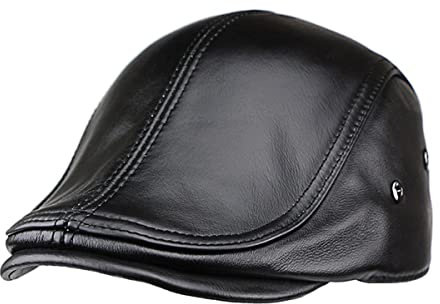 HAEAUL Men's Adjustable Leather Newsboy Hat Beret Hat Driving Hunting Fishing Hat Genuine Leather Ivy Cap Fashion Beret Hat Flat Cap. (Black)