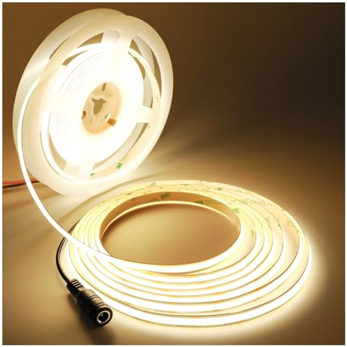 Tesfish LED Remsa COB, DC 12V 5 Meter Strip 480 LEDs/M Naturvitt 4000K Neonljus Flexibel Superljus Ljus med DC anslutning för Fest, Disk, Hylla, Hemdekoration