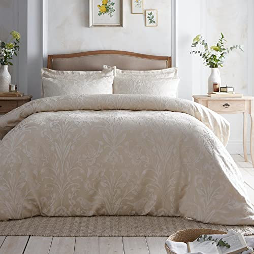 Appletree Champagne Floral Jacquard Duvet Cover – Double Size (200x200cm) – Soft Touch Microfibre – 2 Pillowcases – Bird & Flower Luxury Bedding Set – Montrose Collection – Elegant Bedroom Decor