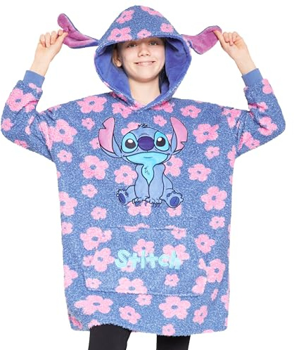 Disney Stitch Fleece Hoodie Blanket for Kids and Teenagers - One Size Fluffy Oversized Hoodie - Stitch Gifts (Blue Stitch Floral)