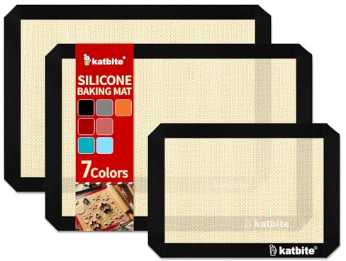 Katbite Silikon-Backmatte Bunte Kollektion - 3er-Set: 2 halbe Blätter Matten (29,8 x 41,6 cm) + 1 Viertel-Backblech, wiederverwendbare und antihaftbeschichtete Backmatten für Kekse, Macarons, Brot