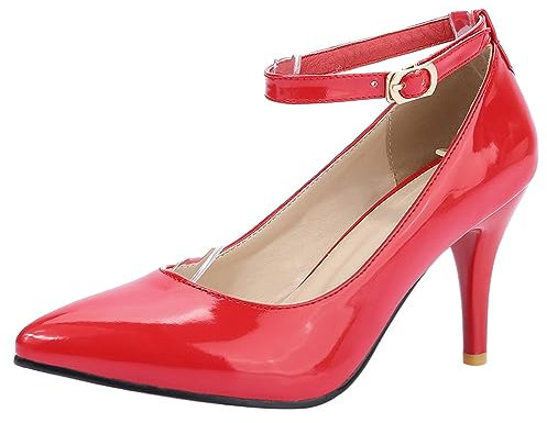 Gicoiz Hommes Femmes Travail Bride Cheville Pointu Aiguille Escarpin Mode Cuir Verni Talons Hauts Chaussures Bout Fermé Formal Chaussures de Soirée Rouge Taille 45 EU-47Cn