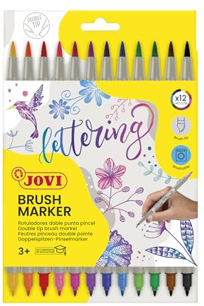 Jovi - Rotuladores lettering de doble punta - Punta fina y pincel - Estuche con 12 colores