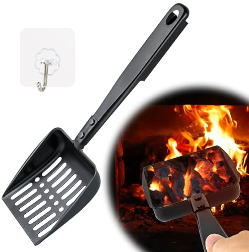 13 Inch Hollow Out Fireplace Ash Sifter Metal Black Coal Shovel Heat Resistant Scoop Charcoal Shovel Tools With Self-Adhesive Hook for Wood Stove Indoor Fire Pit