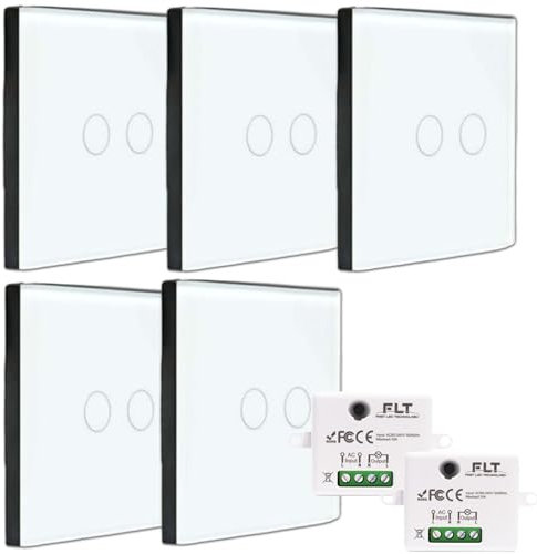 KIT interrupteur sans fil - 5 Télécommande murale DOUBLE ALLUMAGE + 2 Mini récepteur encastrable - Va et vient sans travaux - Commande à distance Tactile - Commutateur radio RF 433 mhz