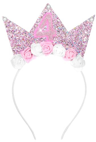 Yuanchu Corona di Compleanno di 4 Anni,Fascia per Capelli di Buon Compleanno per Ragazza di 4 Anni con Numeri Glitter Fascia Corona di Compleanno da Principessa con Copricapo Festa con Fiori di Rosa