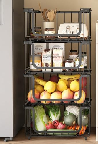 UMDONX 4 Pack Large Stackable Storage Baskets Wire Vegtable Rack, Fruit Food Organiser for Kitchen Pantry Freezer Cupboard, 15.5 with Foldable Handle (Durable Metal Black Load 60LB)