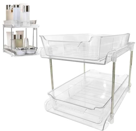 2 Tier Pull Out Drawer Organizer – Adjustable Slide Out Cabinet Shelf, Under Sink Storage Solution | Expandable Kitchen & Bathroom Organizer, Durable Metal Rack for Pots, Pans, Cleaning Supplies