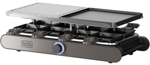 Black+Decker – Raclette| 8 Comensales| Placas 21x21 cm| Tempeatura Regulable| 1400W| Plancha Reversible y Antiadherente| Piedra Natural| Accesorios incluidos| Libre PFOA