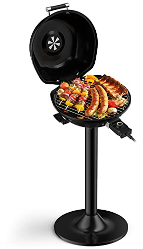 COSTWAY Elektrisk grill 1 600 W fristående, stående grill med 2-zons grillplatta, elektrisk BBQ grill 93 °C-219 °C med stativ och non-stick-beläggning för balkong, trädgård, camping 52 x 44 x 82 cm