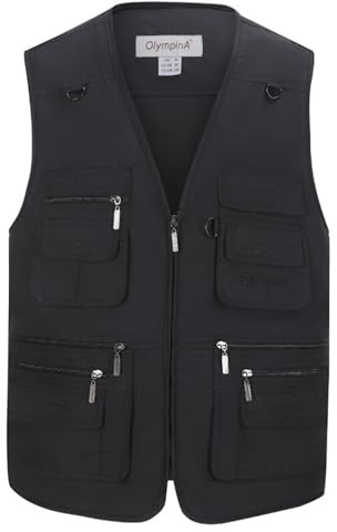 Btmpmcs Gilet de pêche décontracté multi-poches pour homme - Respirant et léger - Pour photographie, camping, chasse - Sans manches, Noir , L