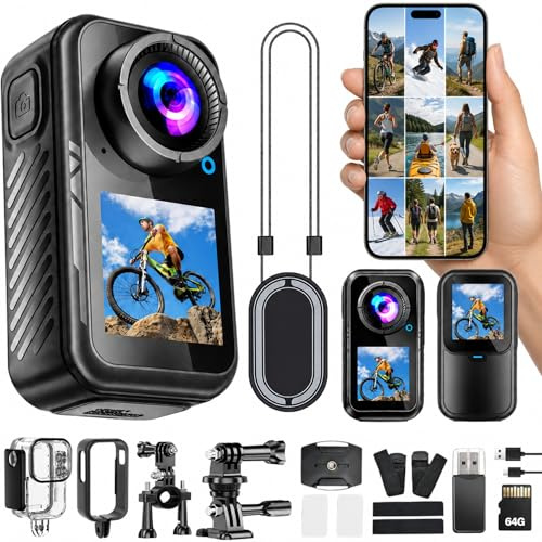TOSBARRFT Caméra Sport 5K 64MP, Mini Caméra d’Action Magnétique 66g, Double Écran 1,3, Caméra Vlog POV pour Vélo & Voyage, Stabilisation 1080P, Étanche 30M avec Boîtier, Carte 64Go