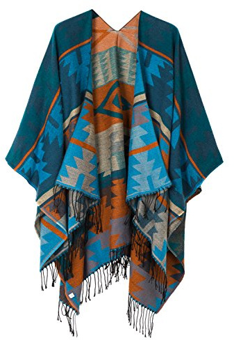 Urban GoCo Mujer Poncho Cárdigan de Punto Capa Gran Tamaño Estampado Étnico Chal Bufanda Manta con Borlas (#4 Azul)