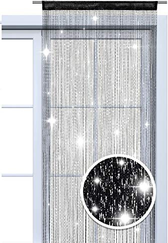 wometo Faden-Vorhang Glitzer-Vorhang 90x245 - schwarz-Silber glänzender Deko Schal transparent halbtransparent Weihnachten